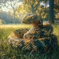 A large and colorful snake rests on the grass in a sunlit park photo