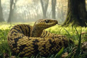 Beautiful patterned serpent coiled in tranquil forest during golden hour photo