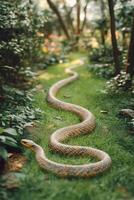 Snake slithering on a lush garden pathway surrounded by vibrant plants photo