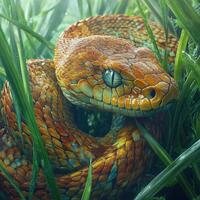 Colorful snake resting in lush grass during daylight hours photo