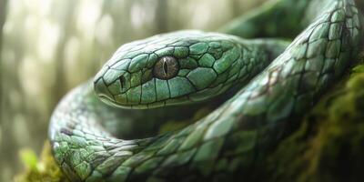 Captivating green snake resting on lush foliage in a tropical forest photo