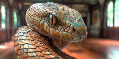 Colorful snake coiled in a sunlit, rustic room with wooden details photo