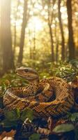 Serpent resting among foliage in a vibrant forest during golden hour photo
