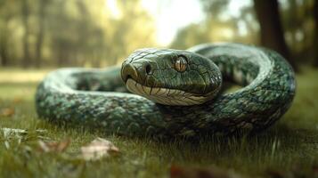 Green snake resting on grass in a serene forest setting photo