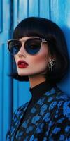 Stylish woman with sunglasses in front of a blue wall during daytime photo