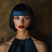 Woman with sleek bob hairstyle and striking blue highlights posing elegantly photo