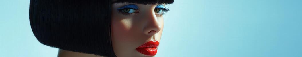 Elegant woman with bold makeup poses against soft blue background photo