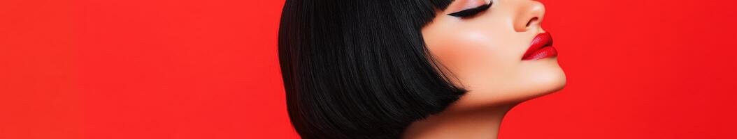 Elegant hairstyle showcase against a vibrant red background in a modern studio photo