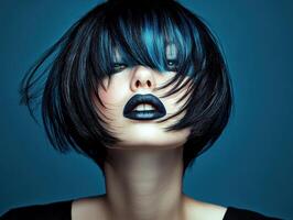 Striking portrait of a model with bold blue hair against a blue background photo