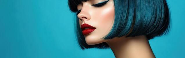 Bold hairstyle showcases vibrant blue bob and striking red lips on model photo