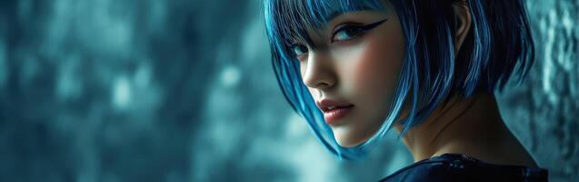 Captivating portrait of a girl with blue hair in a mystical setting photo