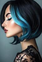 Model displays striking hairstyle with blue highlights and elegant makeup photo