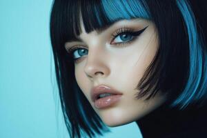 Close-up of a model with blue highlights and bold eye makeup photo