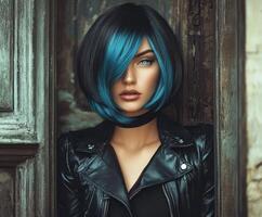 Woman with blue-highlighted bob hairstyle striking a pose in stylish outfit photo