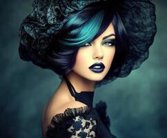 Model with teal hair and dark makeup in a moody backdrop photo