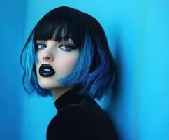 Unique hairstyle with bold color contrasts against a blue backdrop photo