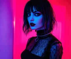 Bold woman with striking makeup poses against vibrant neon background photo