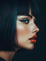 A woman poses in profile with vibrant blue eyeliner and bright red lipstick photo