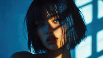 Portrait of a young woman with unique features in dramatic lighting photo