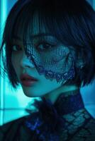 Portrait of a woman in intricate lace against a vibrant background photo