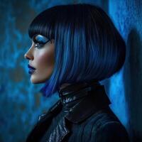 Creative portrait of a woman with blue bob hairstyle in a moody setting photo
