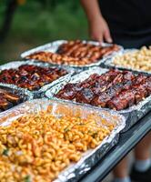 Rich barbecue feast with grilled meats and pasta salad served outdoors photo