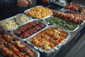 Delicious assortment of grilled meats and sides from a street vendor in the city photo