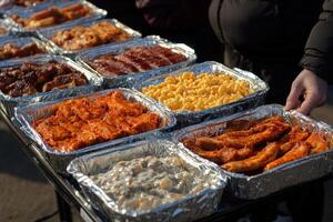 Delicious variety of food served at outdoor gathering with friends photo