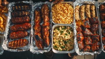 Grilled meats and sides served at a vibrant outdoor gathering in summer photo