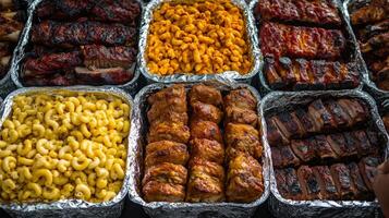 Variety of barbecued meats and sides displayed at a summer cookout photo