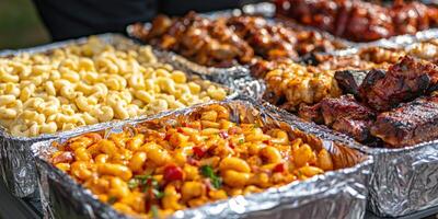 Barbecue feast with macaroni and cheese, baked pasta and grilled meats photo