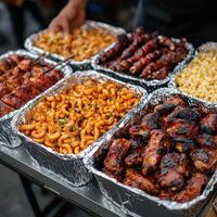 Grilled meats and sides displayed at a vibrant outdoor food market photo