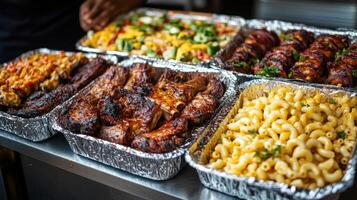 Delicious barbecue feast with a variety of meats and sides served outdoors photo