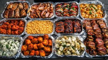Variety of grilled meats and side dishes displayed on a table photo