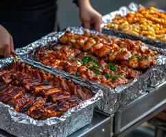 Delicious barbecue grilling at a bustling outdoor market in the evening photo