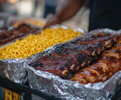 Delicious barbecue ribs and macaroni cheese served at food festival photo