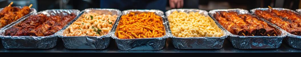 Assortment of delicious food trays at a vibrant outdoor market event photo