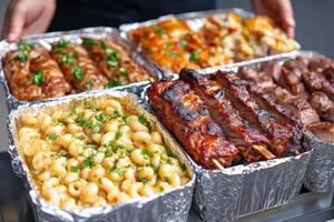 Grilled meats and pasta dishes prepared for a festive gathering outdoors photo