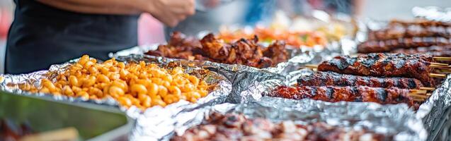Street food festival offers diverse grilled delicacies and vibrant atmosphere photo