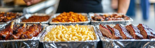 Delicious barbecue feast featuring ribs, brisket, and macaroni at a gathering photo