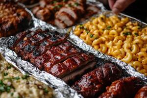 Savory barbecue feast featuring smoked meats and creamy macaroni photo