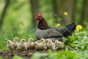 Hen protecting chicks in green field photo