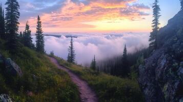 Hiking trail winds through mountain forest at sunset above clouds photo