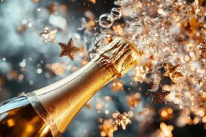 Champagne bottle uncorking with golden stars and confetti exploding for new year's eve photo