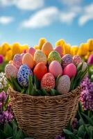 Colorful easter eggs overflowing from wicker basket in blooming flower garden photo
