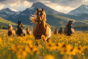 Horses running through field of yellow flowers with mountain background photo