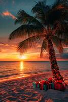 Christmas gifts under palm tree with fairy lights at sunset on tropical beach photo