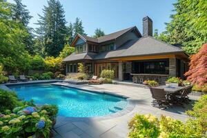 Luxury backyard with swimming pool and patio furniture on a sunny day photo