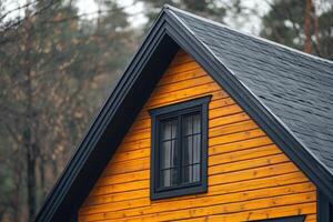 Modern wooden cabin with black roof and window in forest setting shows contrast and style photo
