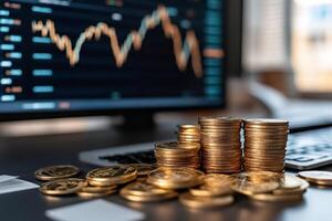 Gold coins piling up on desk with stock market chart displayed on screen in background photo